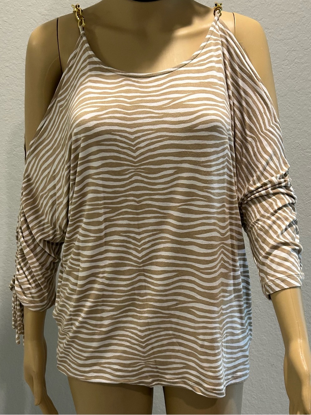 Michael Kors Beige and White Zebra-Striped Cold-Shoulder Tunic